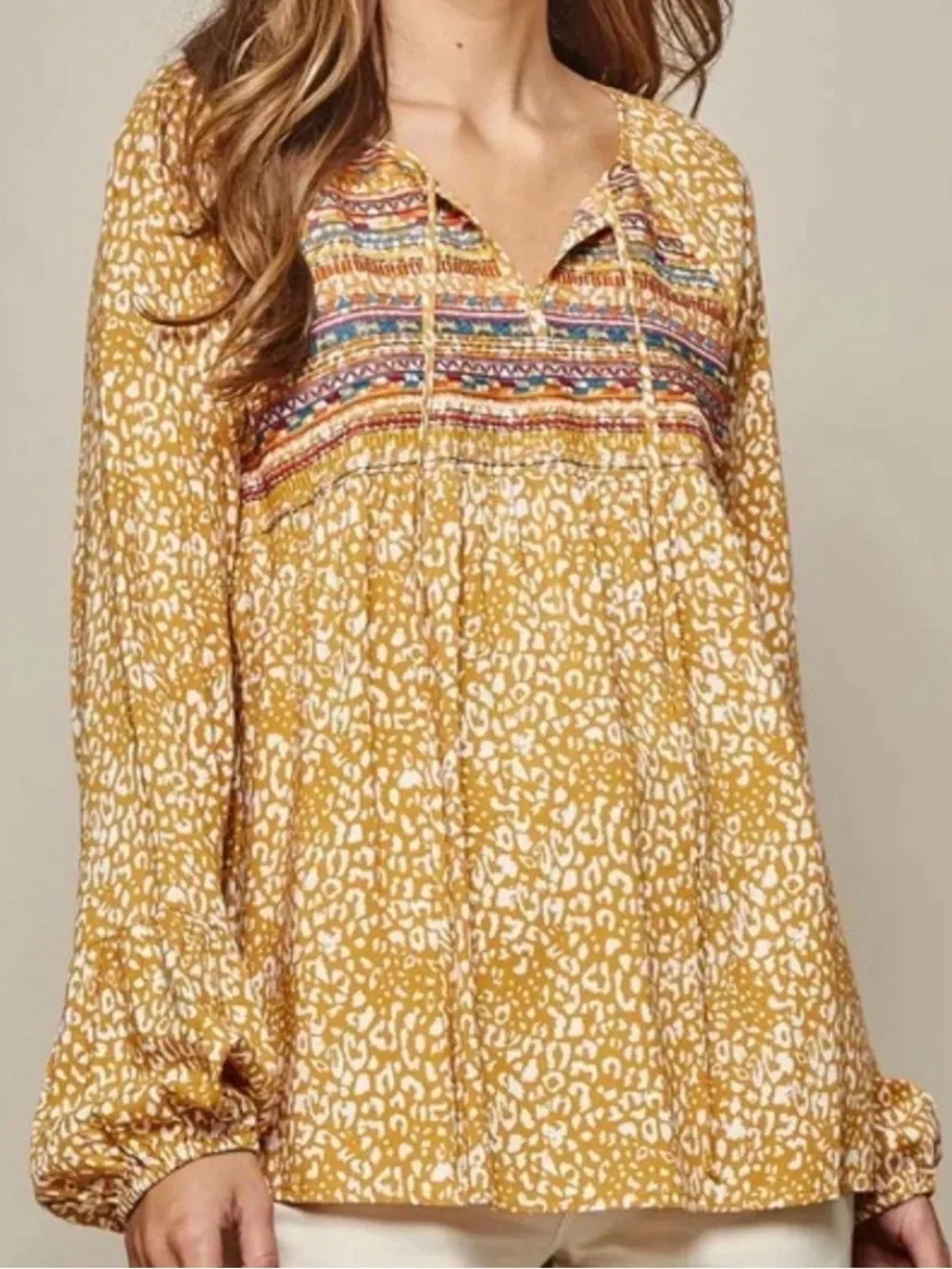 Savanna Jane Mustard Printed Peasant Blouse with Embroidered Yoke